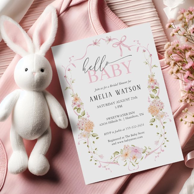 Hello Baby Blush Pink Floral Pink Bow Baby Shower Invitation (Hello Baby Blush Pink Floral Pink Bow Baby Shower Invitation)