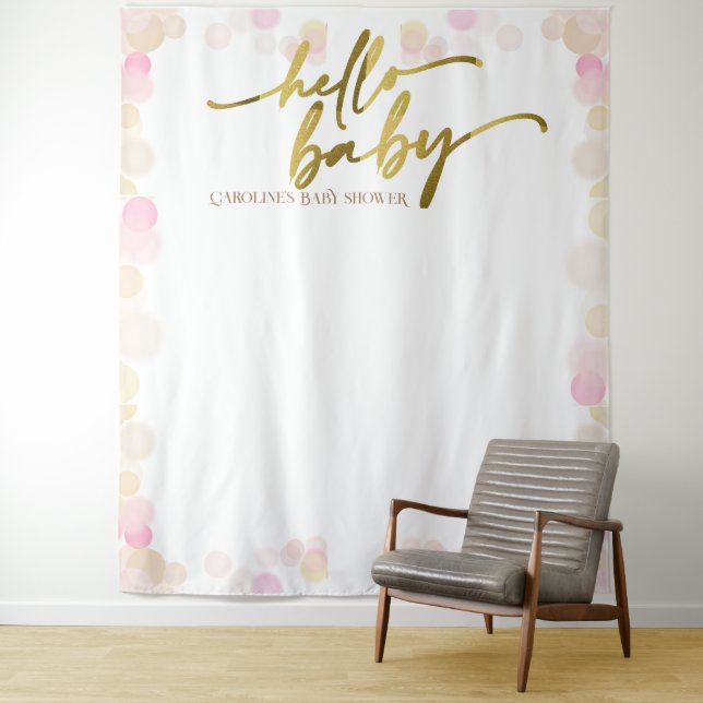 Hello Baby Boho Baby Girl Shower Backdrop Tapestry (In Situ)