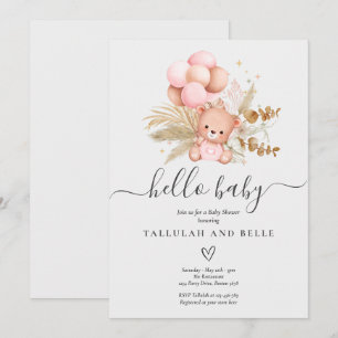 Hello Baby Boho Bear Shower Invitation