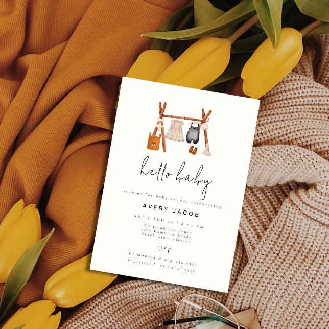 Hello Baby | Boho Clothes Baby Shower  Invitation (Hello Baby | Boho Clothes Baby Shower Invitation)