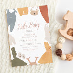 Hello Baby | Boho Clothes Girl Budget Baby Shower<br><div class="desc">A cute, modern baby shower invitation with "Hello Baby" in terracotta script lettering and your shower information in simple typography. Around the edge of the card, there are cute boho baby clothes: pants, pyjamas, dresses, bodysuits, rompers, overalls, dungarees, a swimming costume, baby shoes, and a little bear handbag! The clothes...</div>