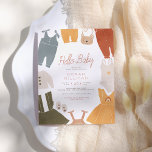 Hello Baby | Boho Clothes Girl Budget Baby Shower<br><div class="desc">A cute, modern baby shower invitation with "Hello Baby" in terracotta script lettering and your shower information in simple typography. Around the edge of the card, there are cute boho baby clothes: pants, pyjamas, dresses, bodysuits, rompers, overalls, dungarees, a swimming costume, baby shoes, and a little bear handbag! The clothes...</div>
