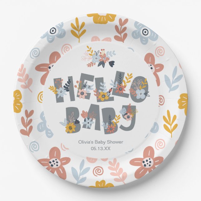Hello Baby Boho Floral Baby Shower Paper Plates (Front)