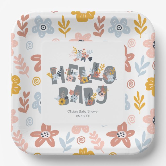 Hello Baby Boho Floral Baby Shower Paper Plates (Front)