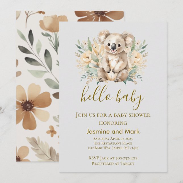 Hello Baby Boho Neutral Koala Bear Invitation (Front/Back)
