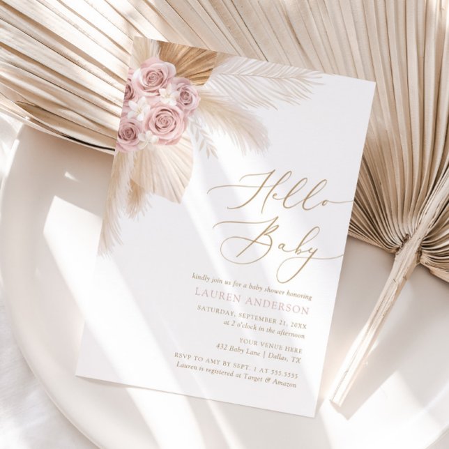 Hello Baby Boho Pampas Grass Girl Baby Shower Invitation (Creator Uploaded)