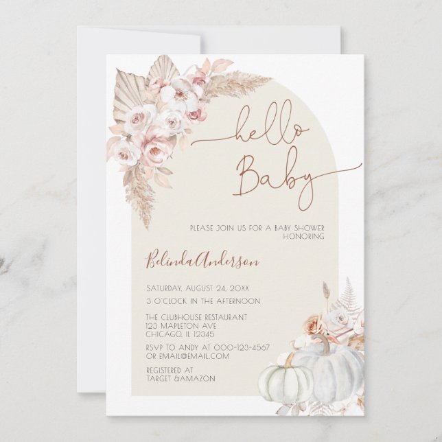 Hello Baby Boho Pampas Grass Pumpkin Baby Shower Invitation (Front)