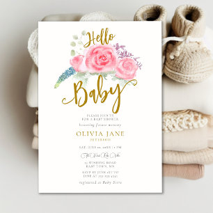 Hello Baby Boho Roses Wreath Neutral Baby Shower Invitation
