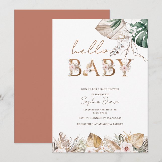 Hello Baby Boho Watercolor Floral Baby Shower Invitation (Front/Back)