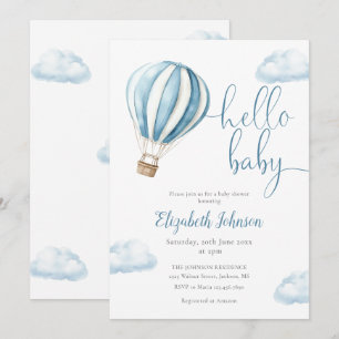 Hello Baby Boy Blue Hot Air Balloon Baby Shower Invitation
