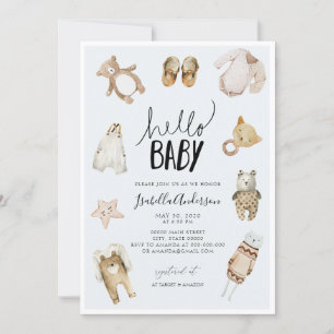 Hello Baby Boy Boho Blue Watercolor Baby Shower Invitation
