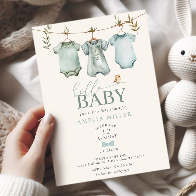 Hello Baby Boy Clothesline Boho Baby Shower Invitation (Hello Baby Boy Clothesline Boho Baby Shower Invitation)