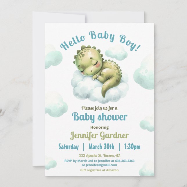 Hello Baby Boy Cute Dinosaur Blue Baby Shower Invitation (Front)