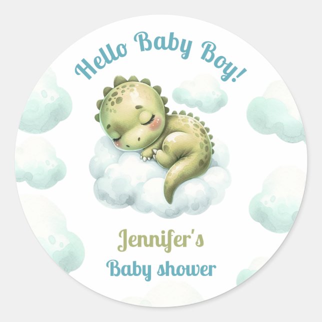 Hello Baby Boy Cute Dinosaur Blue Boy Baby Shower Classic Round Sticker (Front)