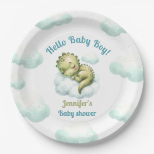 Hello Baby Boy Cute Dinosaur Blue Boy Baby Shower Paper Plate