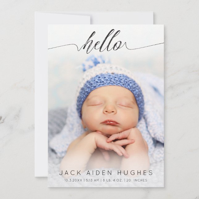 Hello Baby Boy Girl Birth Announcement Photo Cards (Front)
