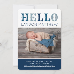 Hello Baby Boy Photo Birth Announcement