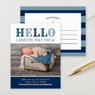 Hello Baby Boy Photo Birth Announcement Postcard