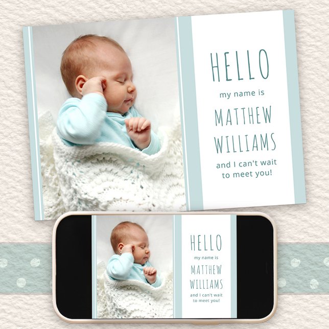 Hello Baby Boy Photo Blue and White Birth Announcement (Hello Baby Birth Announcement with message on the back)