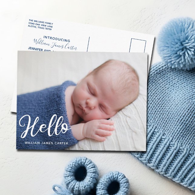 Hello Baby Boy Photo Simple Birth Announcement Postcard (Creator Uploaded)