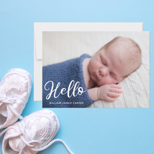 Hello Baby Boy Photo Simple Script Blue Birth Announcement (Creator Uploaded)