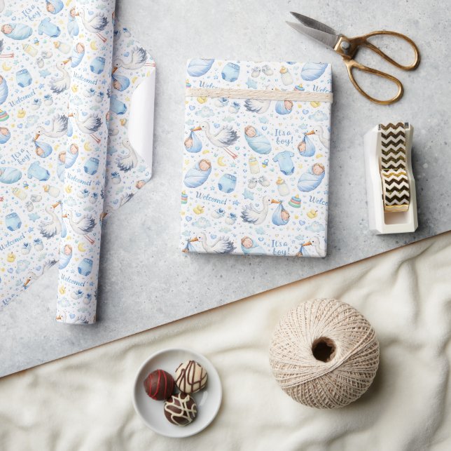 Hello Baby Boy – Watercolor Pattern Design Wrapping Paper (Crafts)