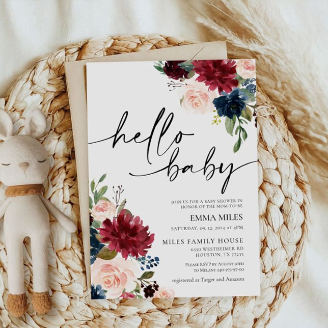 Hello Baby Burgundy Blush Baby Shower Invitation (Creator Uploaded)