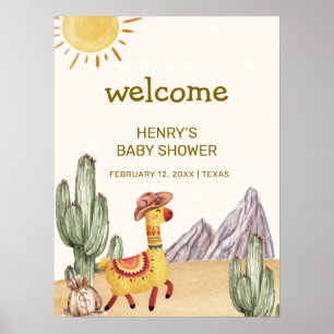 Hello Baby Cactus Llama Cowboy Baby Shower Welcome Poster
