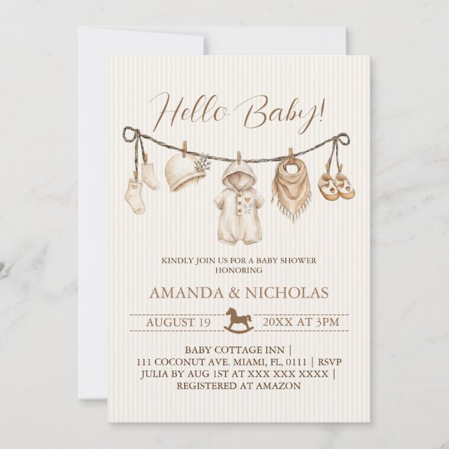 Hello Baby Clothesline Baby Shower Striped Invitation (Front)