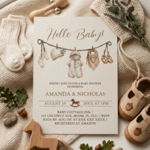 Hello Baby Clothesline Baby Shower Striped Invitation