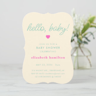 hello baby! Cream, Green Baby Shower Invitation
