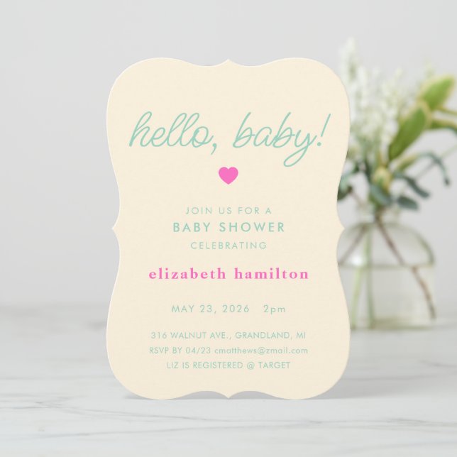 hello baby! Cream, Green Baby Shower Invitation (Standing Front)