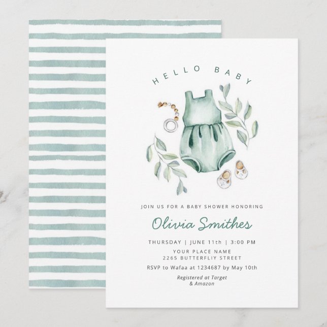 Hello Baby | Cute Boho Clothes Girl Baby Shower Invitation (Front/Back)