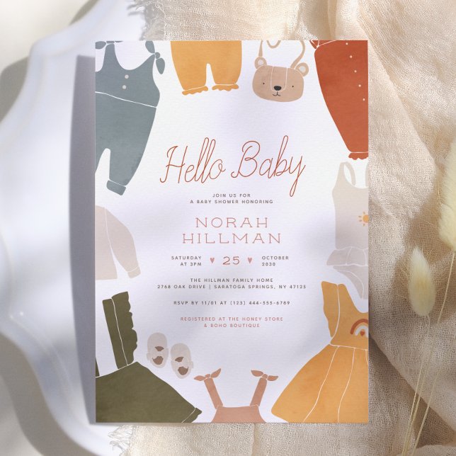 Hello Baby | Cute Boho Clothes Girl Baby Shower Invitation (Creator Uploaded)