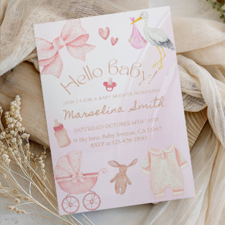 Hello Baby! Cute Bow Baby Shower Party Invitation