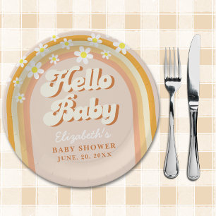 Hello Baby Cute Groovy Baby Shower Paper Plate