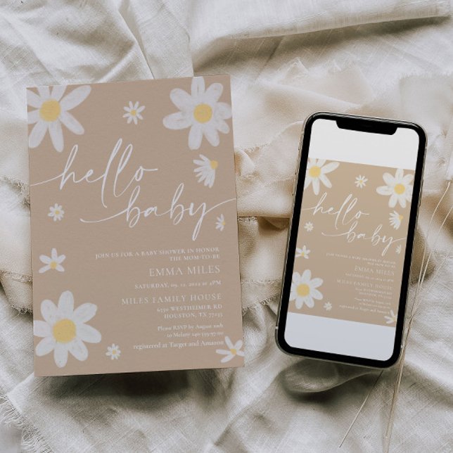 Hello Baby Daisy Beige Baby Shower Invitation  (Creator Uploaded)