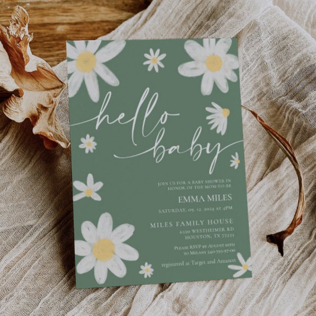 Hello Baby Daisy Sage Green Baby Shower Invitation (Creator Uploaded)