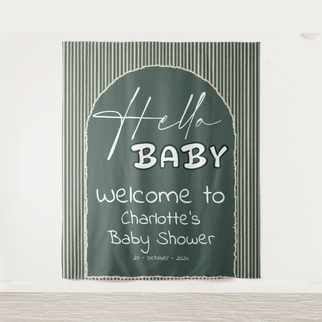 Hello Baby Dark Green Stripes Baby Shower Backdrop Tapestry (Front)