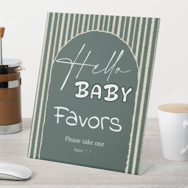 Hello Baby Dark Green Stripes Baby Shower Favors Pedestal Sign (In SItu)