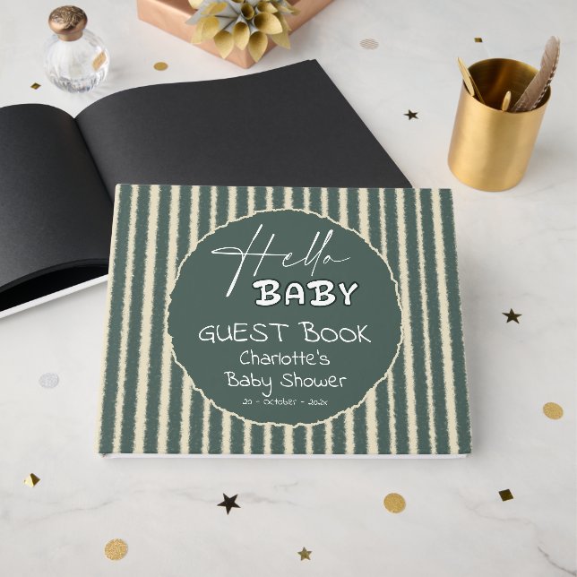 Hello Baby Dark Green Stripes Baby Shower Guest Book (Front Open)