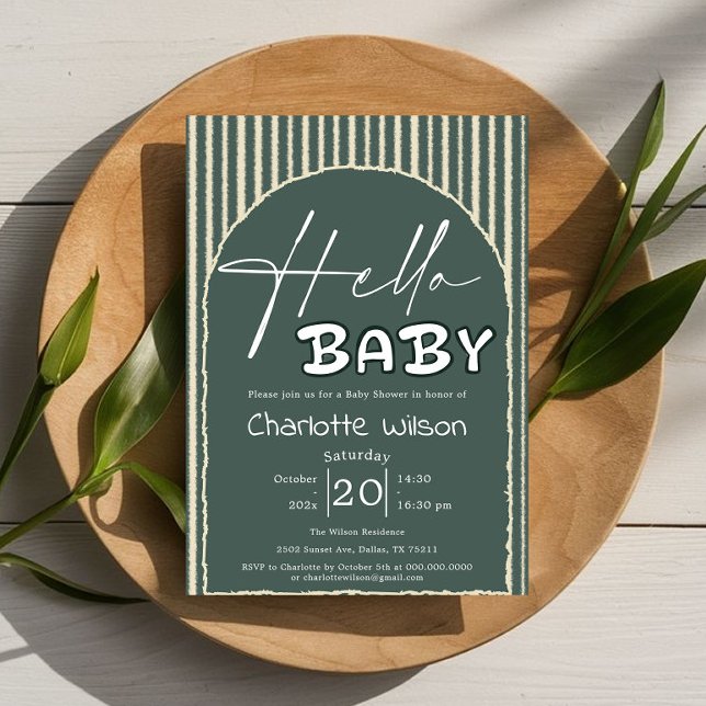 Hello Baby Dark Green Stripes Baby Shower Invitation (Creator Uploaded)