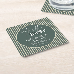 Hello Baby Dark Green Stripes Baby Shower Square Paper Coaster