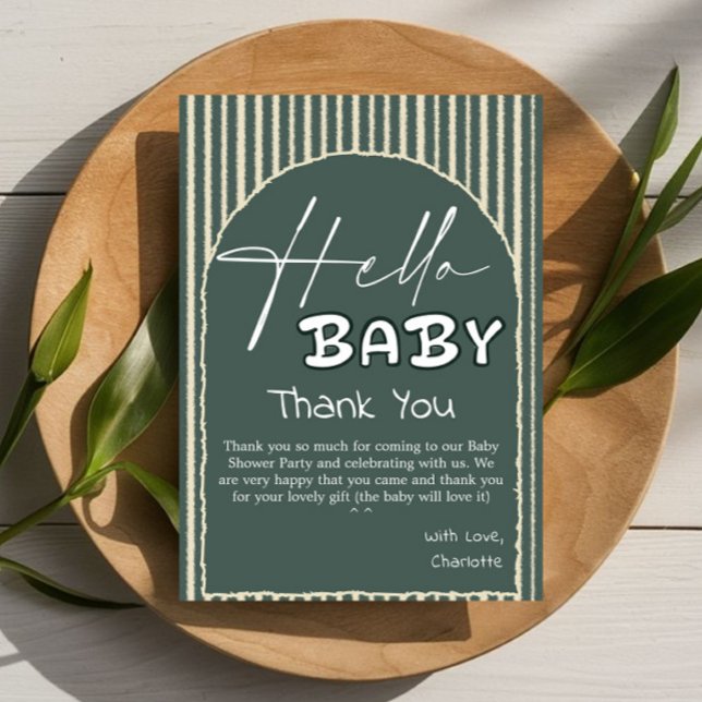 Hello Baby Dark Green Stripes Baby Shower Thank You Card (Creator Uploaded)