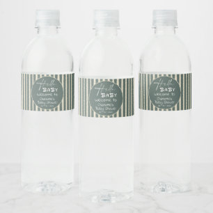 Hello Baby Dark Green Stripes Baby Shower Water Bottle Label