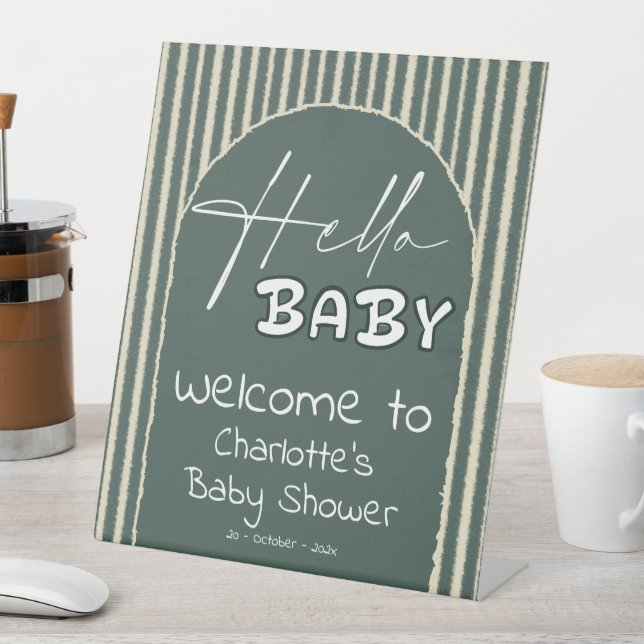 Hello Baby Dark Green Stripes Baby Shower Welcome Pedestal Sign (In SItu)