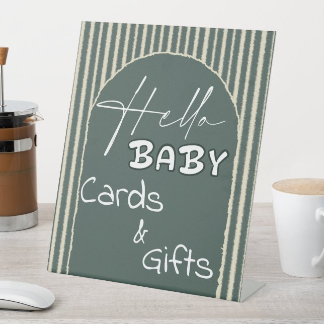 Hello Baby Dark Green Stripes Cards & Gifts Pedestal Sign (In SItu)