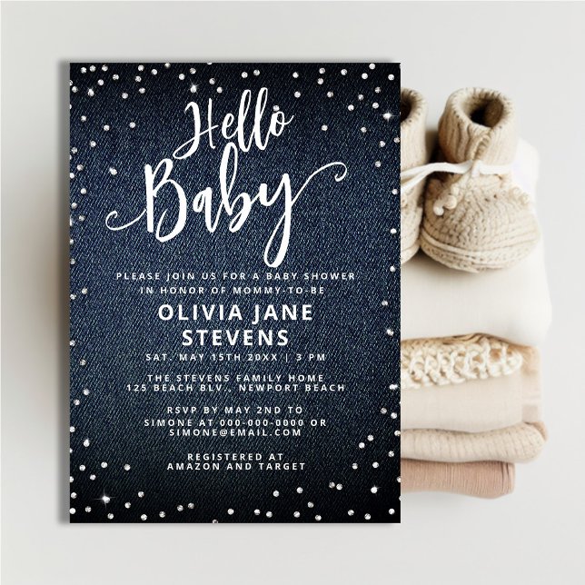 Hello Baby Denim Diamonds Neutral Baby Shower Invitation (Creator Uploaded)