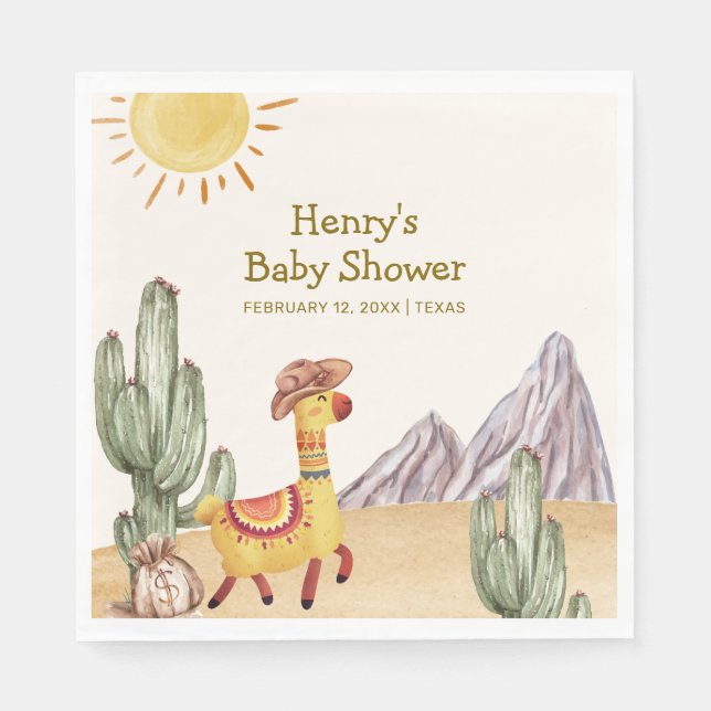 Hello Baby Desert Cactus Llama Cowboy Baby Shower Napkin (Front)