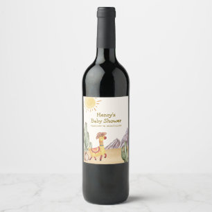 Hello Baby Desert Cactus Llama Cowboy Baby Shower Wine Label